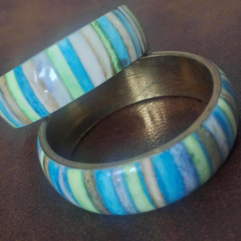 Vintage Brass Bone Inlay Bangle Bracelets Striped Blue Green Boho India Set Of 2